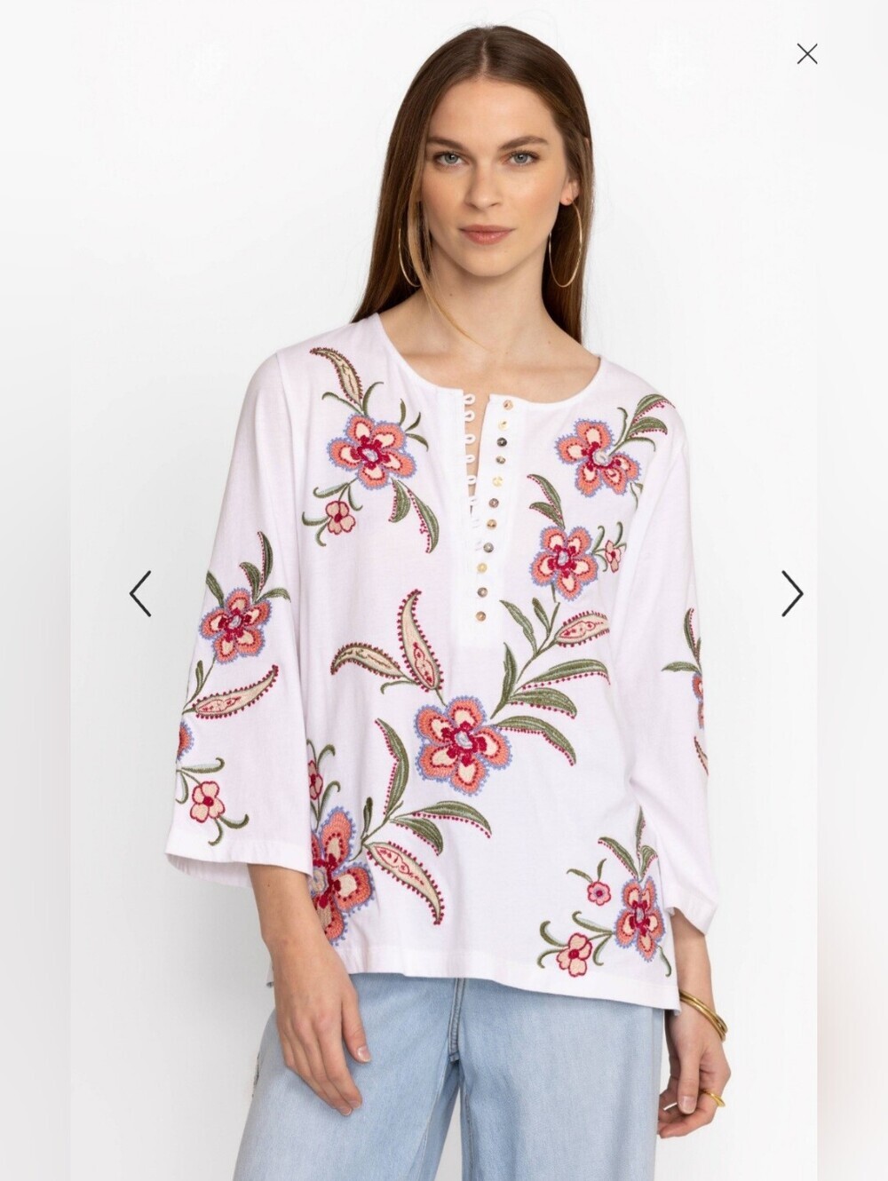 Johnny Was White Embroidered Floral Tunic with Pink & Green Accents